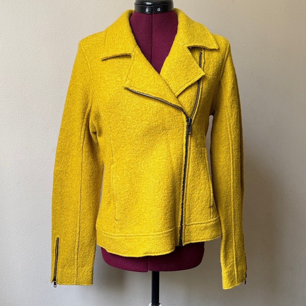 Tahari Mustard Chartreuse Yellow Boiled Pure Wool Women's Biker Jacket